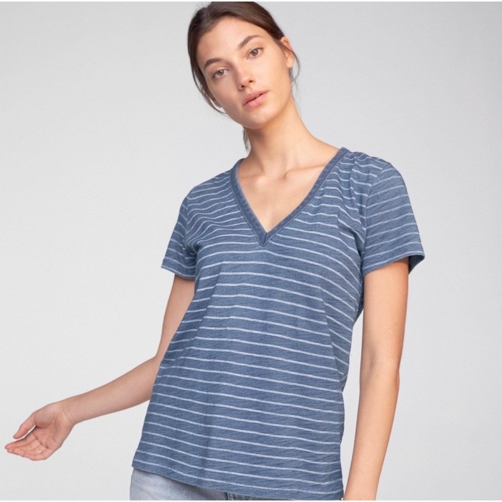 Rag & Bone Jean Womens Blue White Striped V-Neck Cotton Slub T-Shirt Small